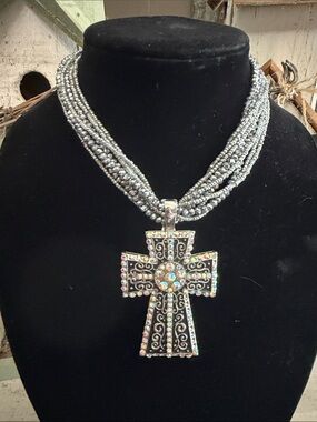 Rhinestone Cross Pendant Necklace Silver Plated